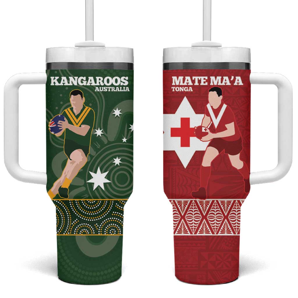 Mate Maa Tonga And Kangaroo Australia Tongan Kupesi Mix Aboriginal Art Custom Stanley Quencher 40oz Stainless Steel Tumbler With Handle