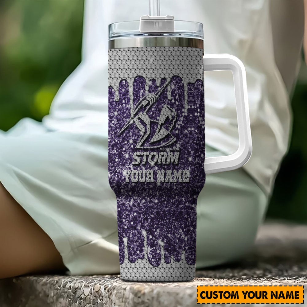Melbourne Storm NRL Glitter Custom Stanley Quencher 40oz Stainless Steel Tumbler With Handle