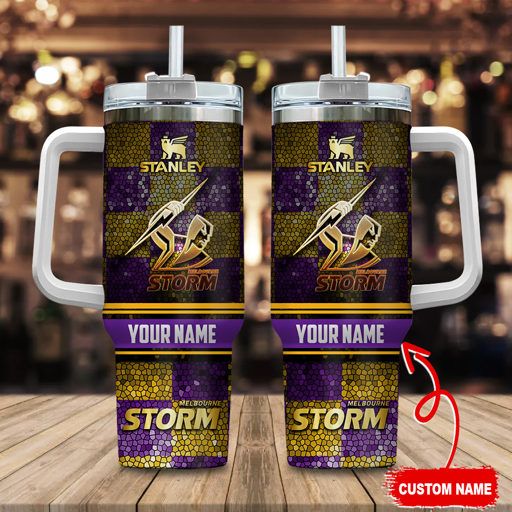 Melbourne Storm NRL Golden Logo Stained Glass Effect Custom Stanley Quencher 40oz Stainless Steel Tumbler With Handle