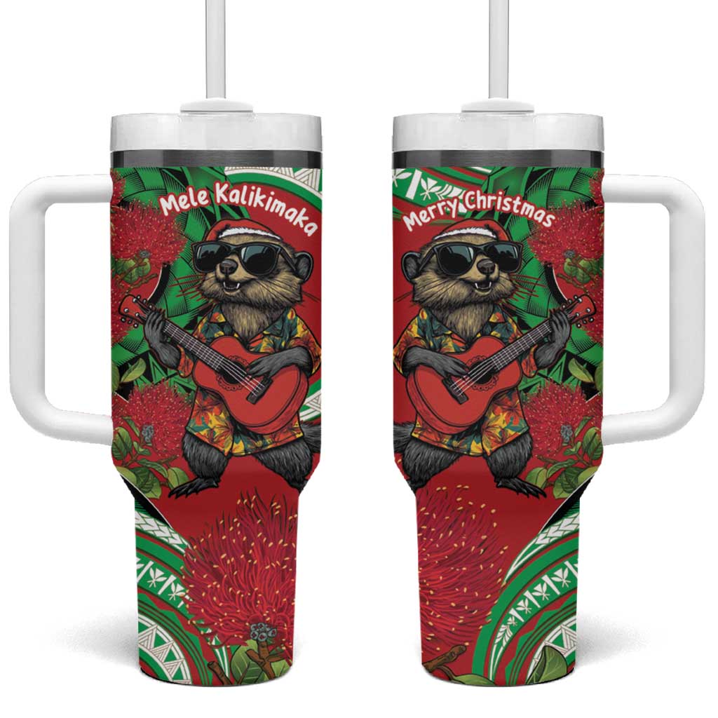 Mele Kalikimaka Hawaii Mongoose Santa With Ohia Lehua Custom Stanley Quencher 40oz Stainless Steel Tumbler With Handle