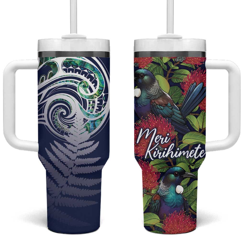 Meri Kirihimete New Zealand Tui on Pohutukawa Blue Ver Custom Stanley Quencher 40oz Stainless Steel Tumbler With Handle