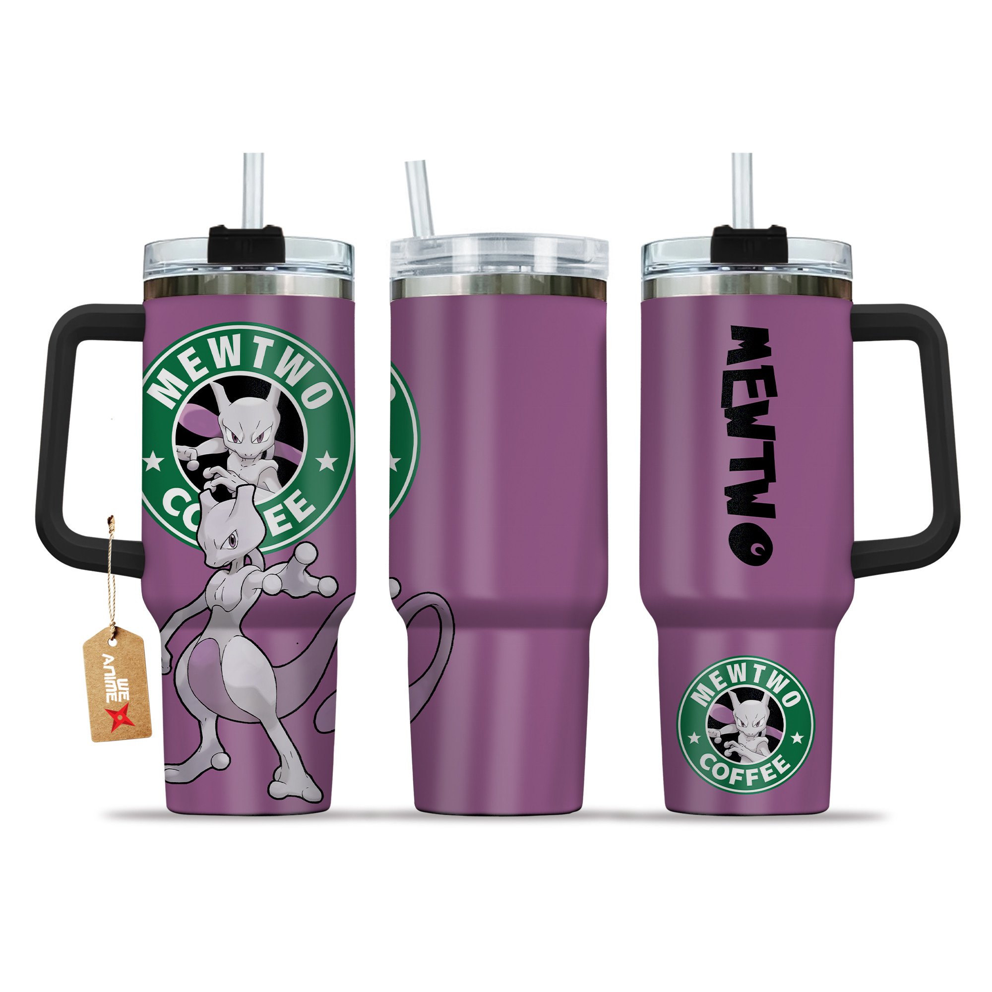 Mewtwo Coffee Pokemon Anime Custom Stanley Quencher 40oz Stainless Steel Tumbler With Handle