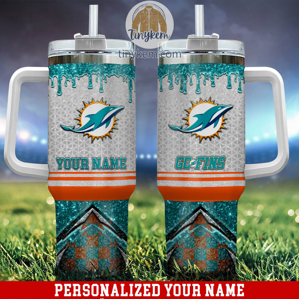 Miami Dolphins Glitter NFL Custom Stanley Quencher 40oz Stainless Steel Tumbler With Handle