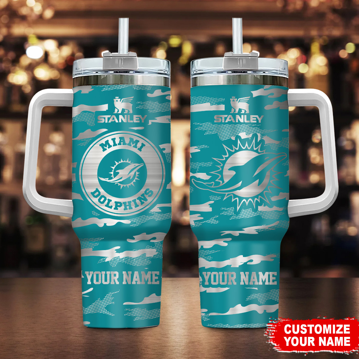 Miami Dolphins NFL Camo Pattern Custom Stanley Quencher 40oz Stainless Steel Tumbler With Handle