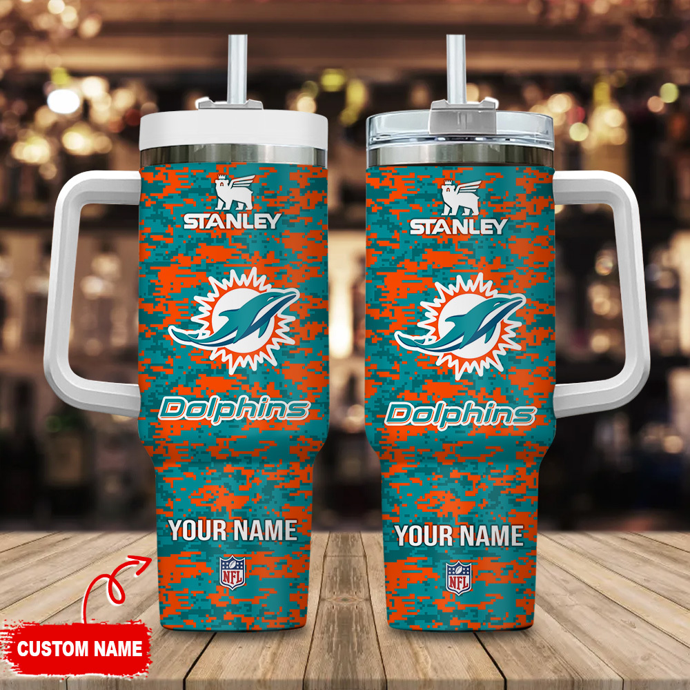 Miami Dolphins NFL Camouflage Custom Stanley Quencher 40oz Stainless Steel Tumbler With Handle