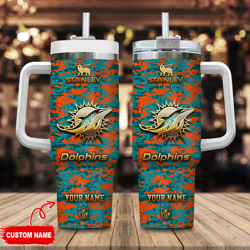 Miami Dolphins NFL Camouflage Golden Logo Custom Stanley Quencher 40oz Stainless Steel Tumbler With Handle