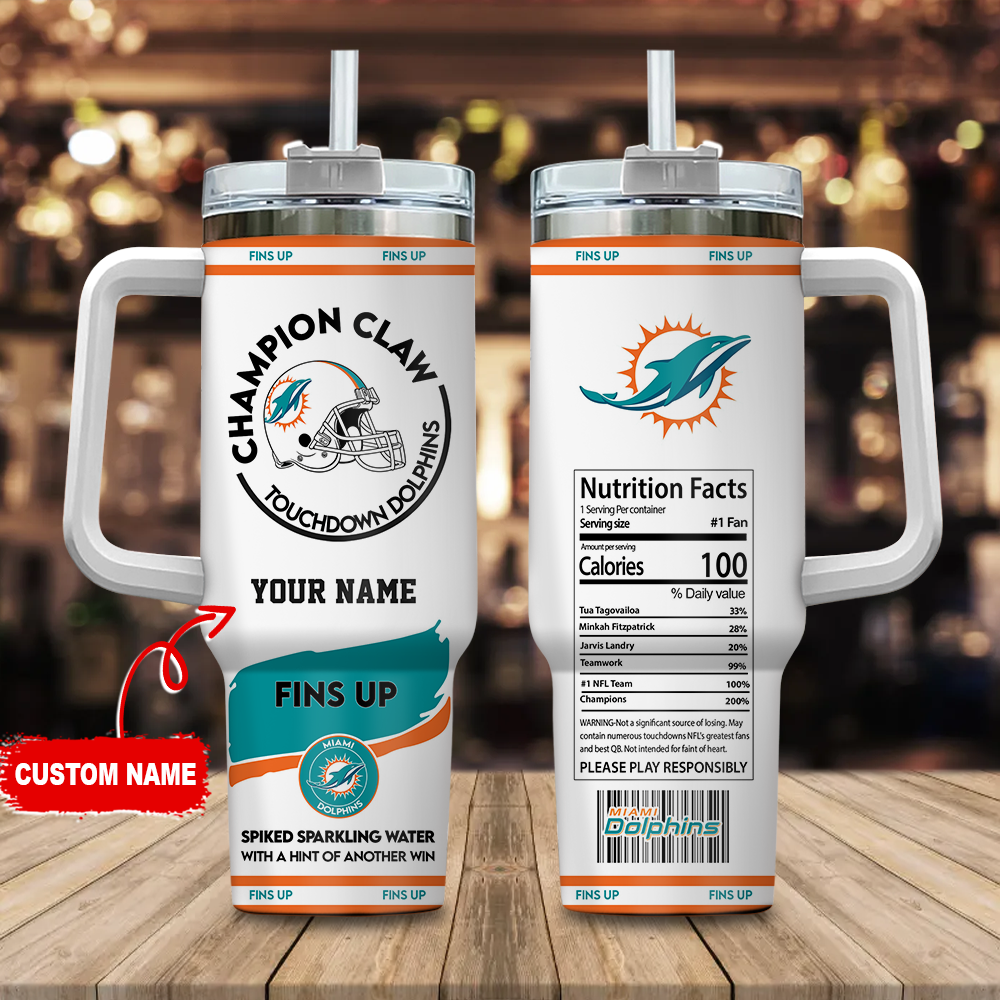 Miami Dolphins NFL Champion Claw Custom Stanley Quencher 40oz Stainless Steel Tumbler With Handle