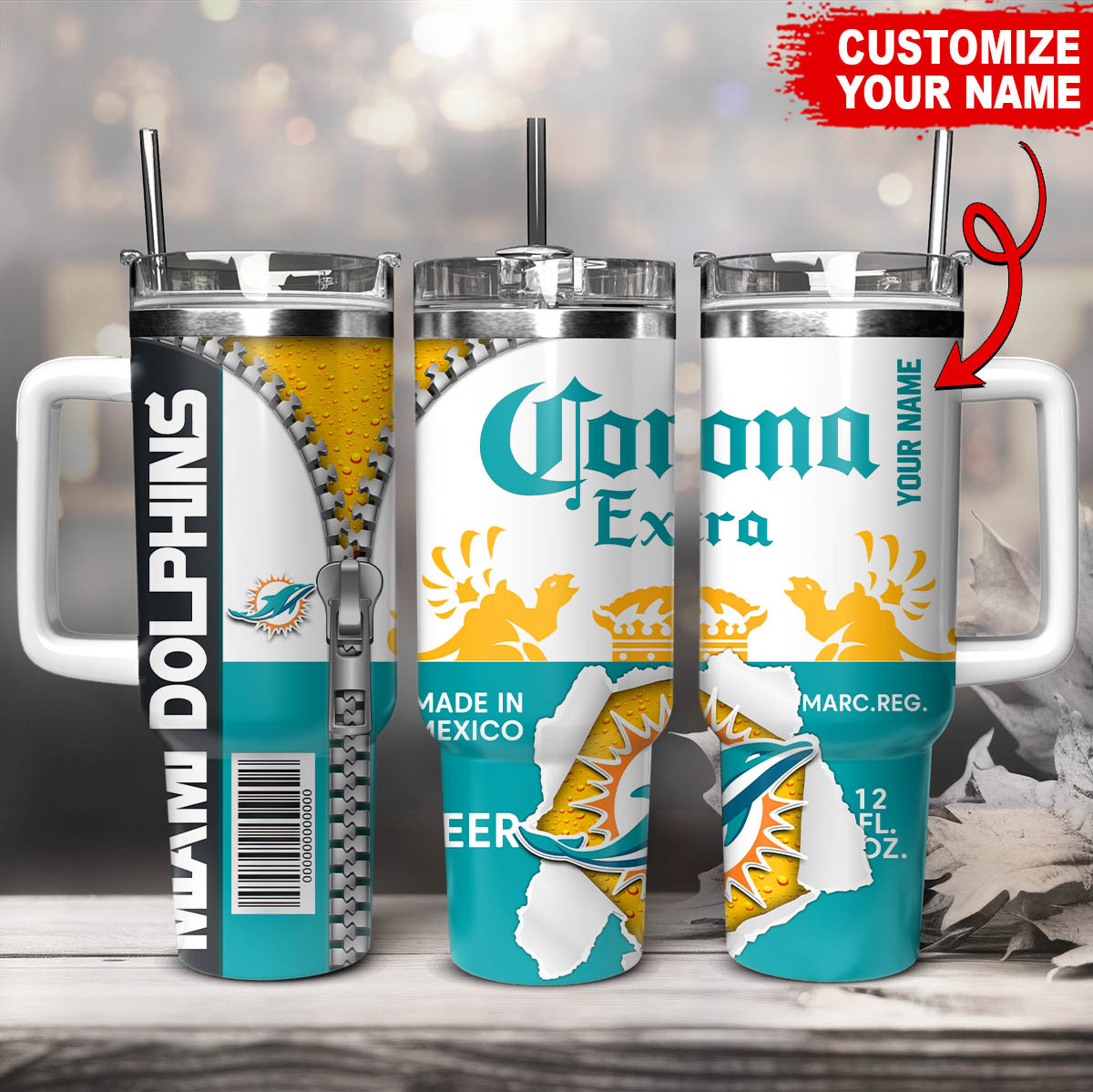 Miami Dolphins NFL Corona Extra Custom Stanley Quencher 40oz Stainless Steel Tumbler With Handle