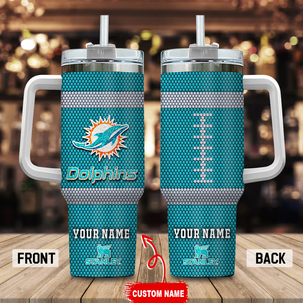 Miami Dolphins NFL Crystal Custom Stanley Quencher 40oz Stainless Steel Tumbler With Handle