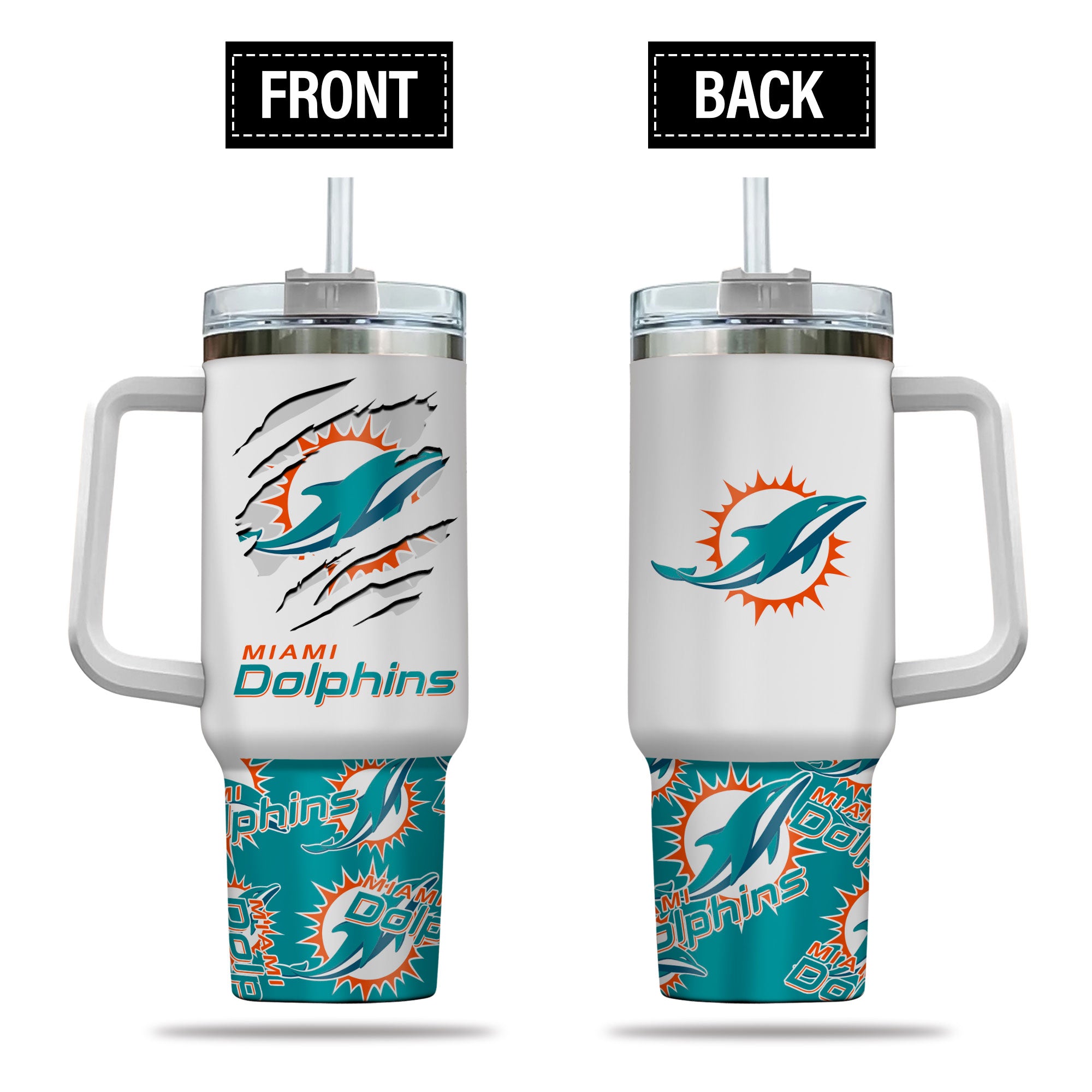 Miami Dolphins NFL Custom Stanley Quencher 40oz Stainless Steel Tumbler With Handle
