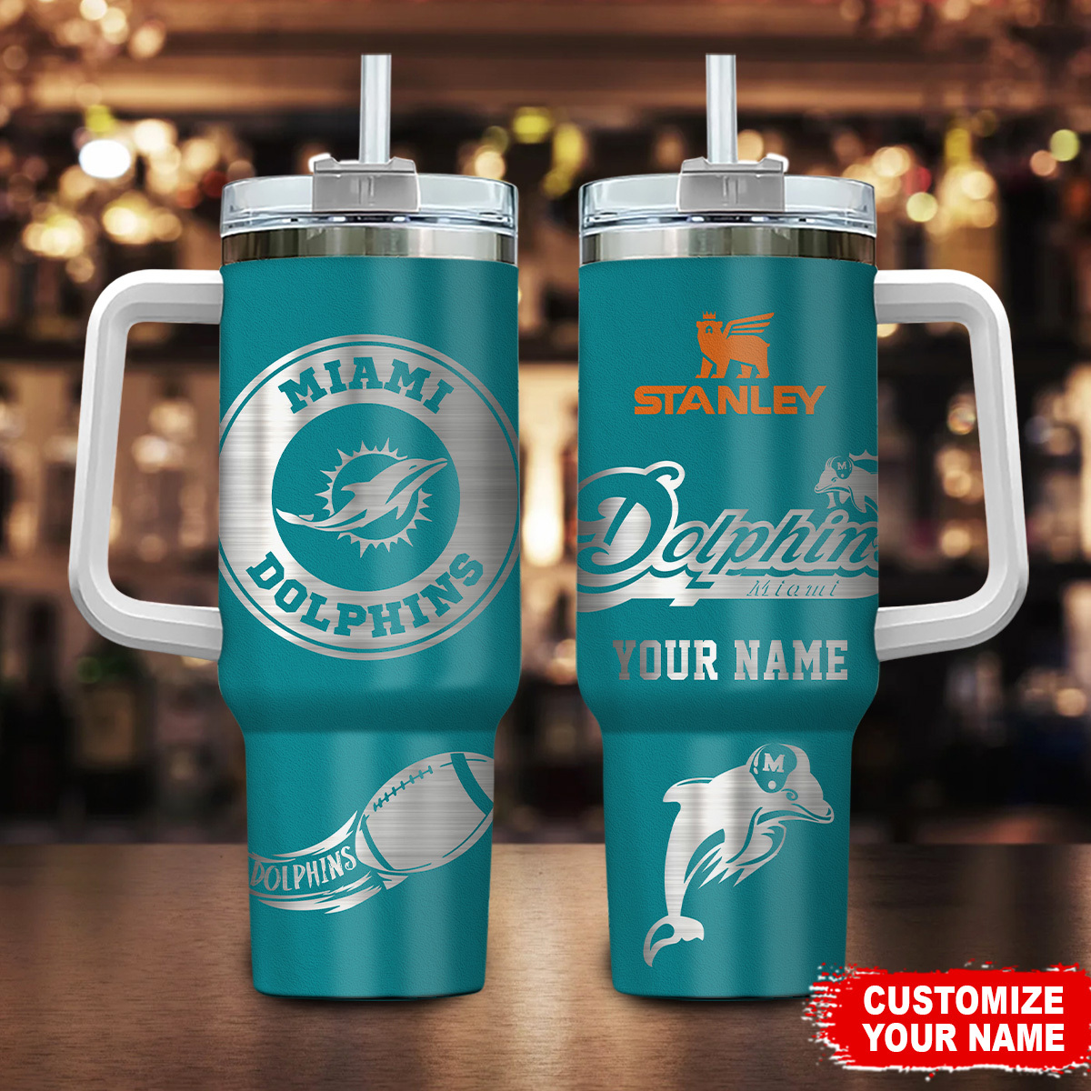 Miami Dolphins NFL Custom Stanley Quencher 40oz Stainless Steel Tumbler With Handle