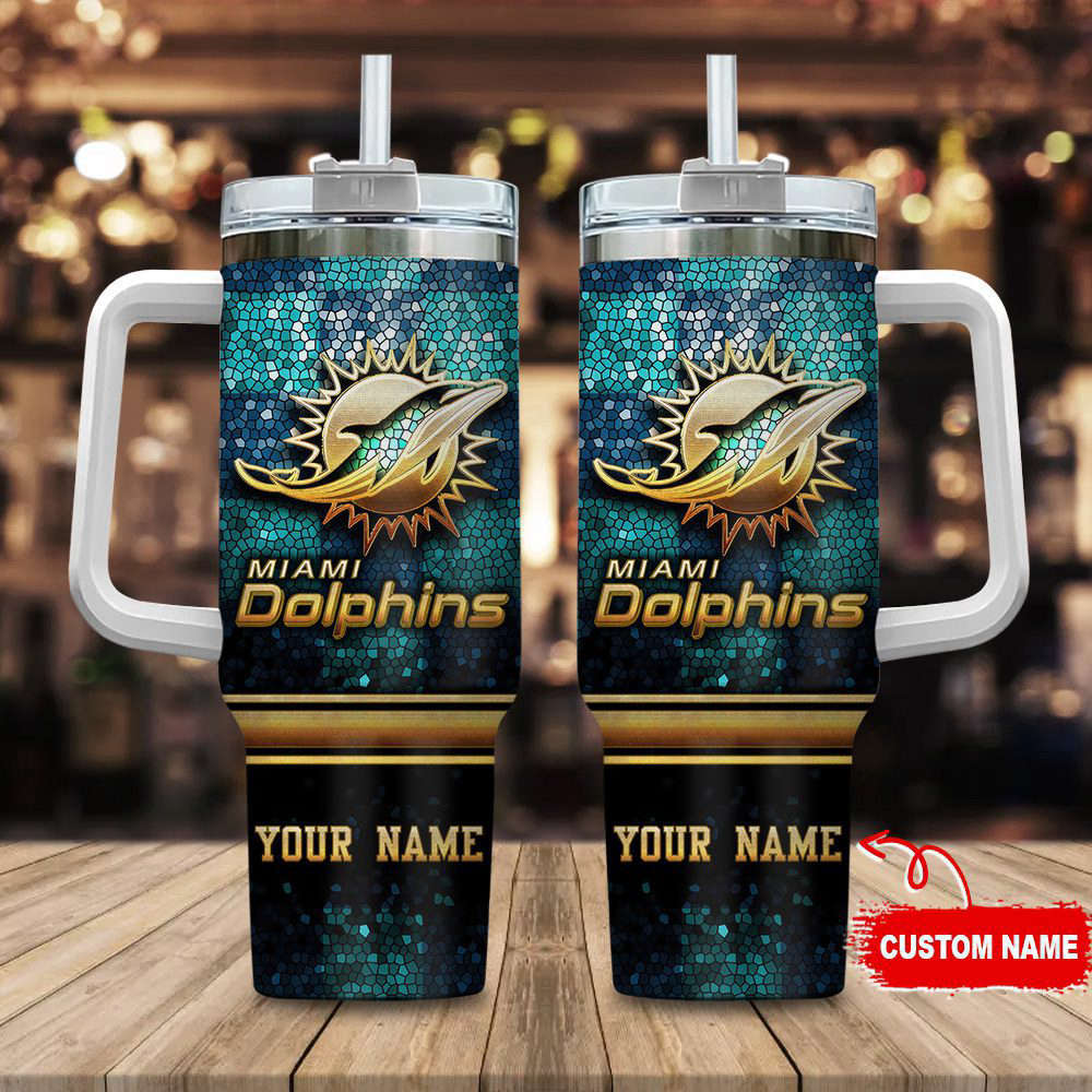 Miami Dolphins NFL Custom Stanley Quencher 40oz Stainless Steel Tumbler With Handle