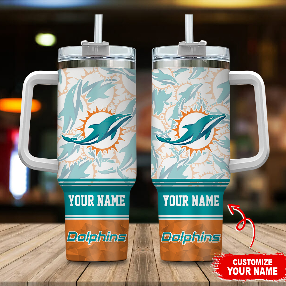 Miami Dolphins NFL Custom Stanley Quencher 40oz Stainless Steel Tumbler With Handle
