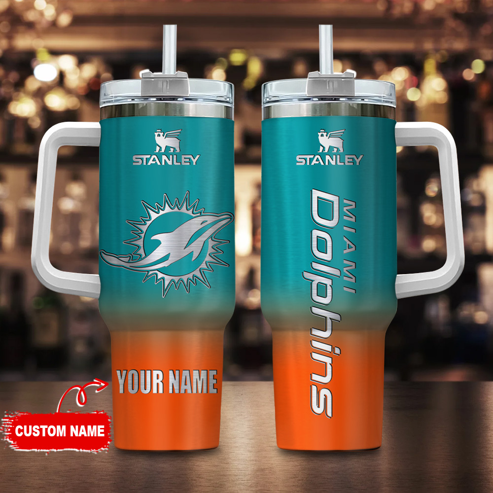Miami Dolphins NFL Custom Stanley Quencher 40oz Stainless Steel Tumbler With Handle
