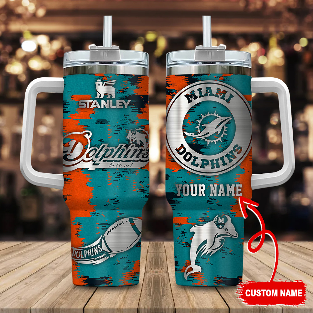 Miami Dolphins NFL Custom Stanley Quencher 40oz Stainless Steel Tumbler With Handle