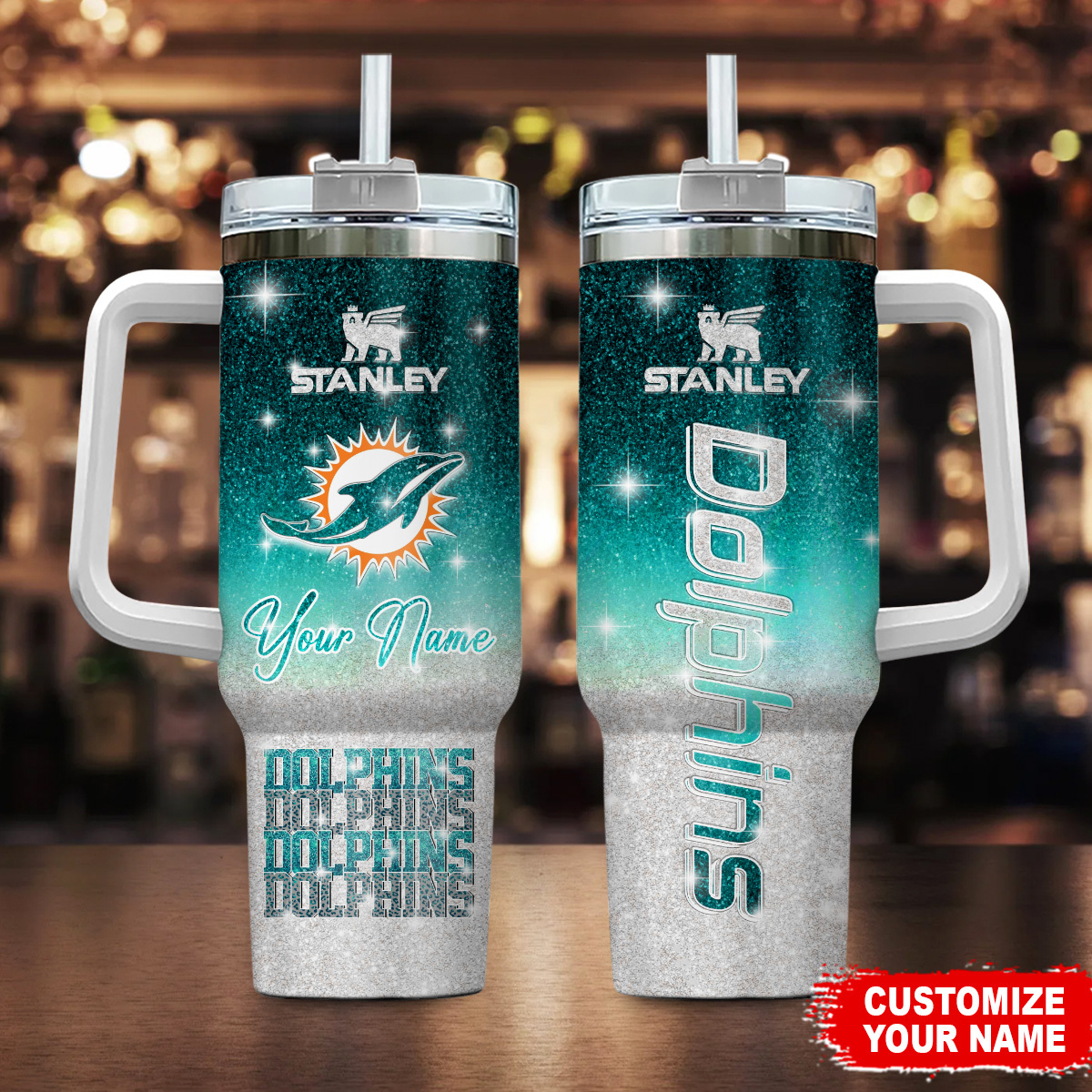 Miami Dolphins NFL Custom Stanley Quencher 40oz Stainless Steel Tumbler With Handle