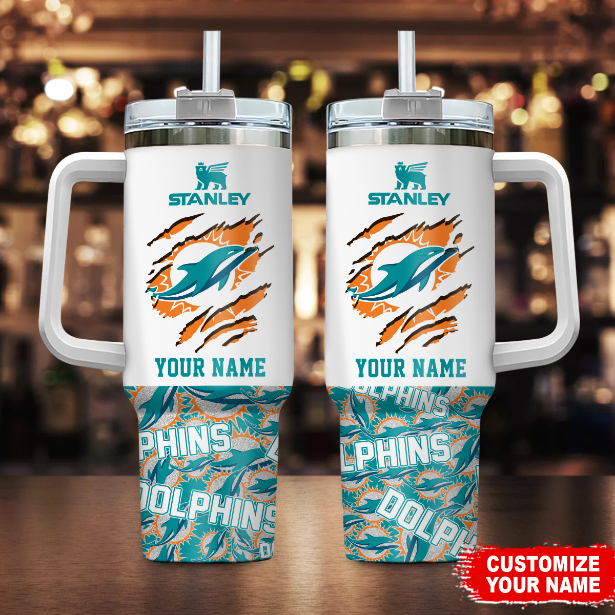 Miami Dolphins NFL Custom Stanley Quencher 40oz Stainless Steel Tumbler With Handle