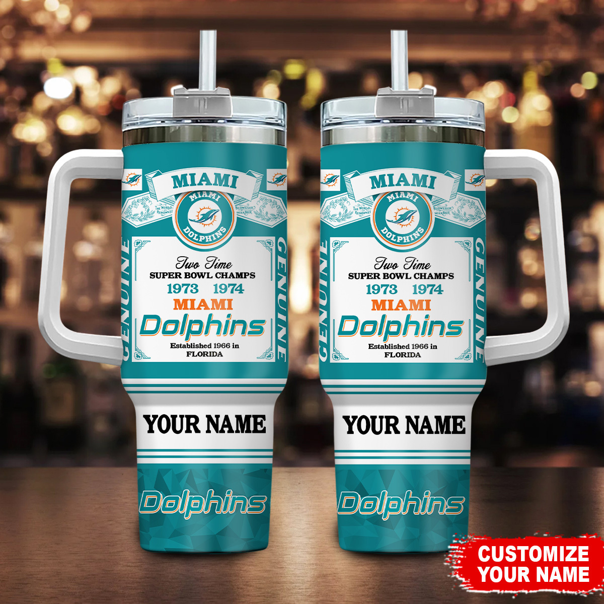 Miami Dolphins NFL Custom Stanley Quencher 40oz Stainless Steel Tumbler With Handle