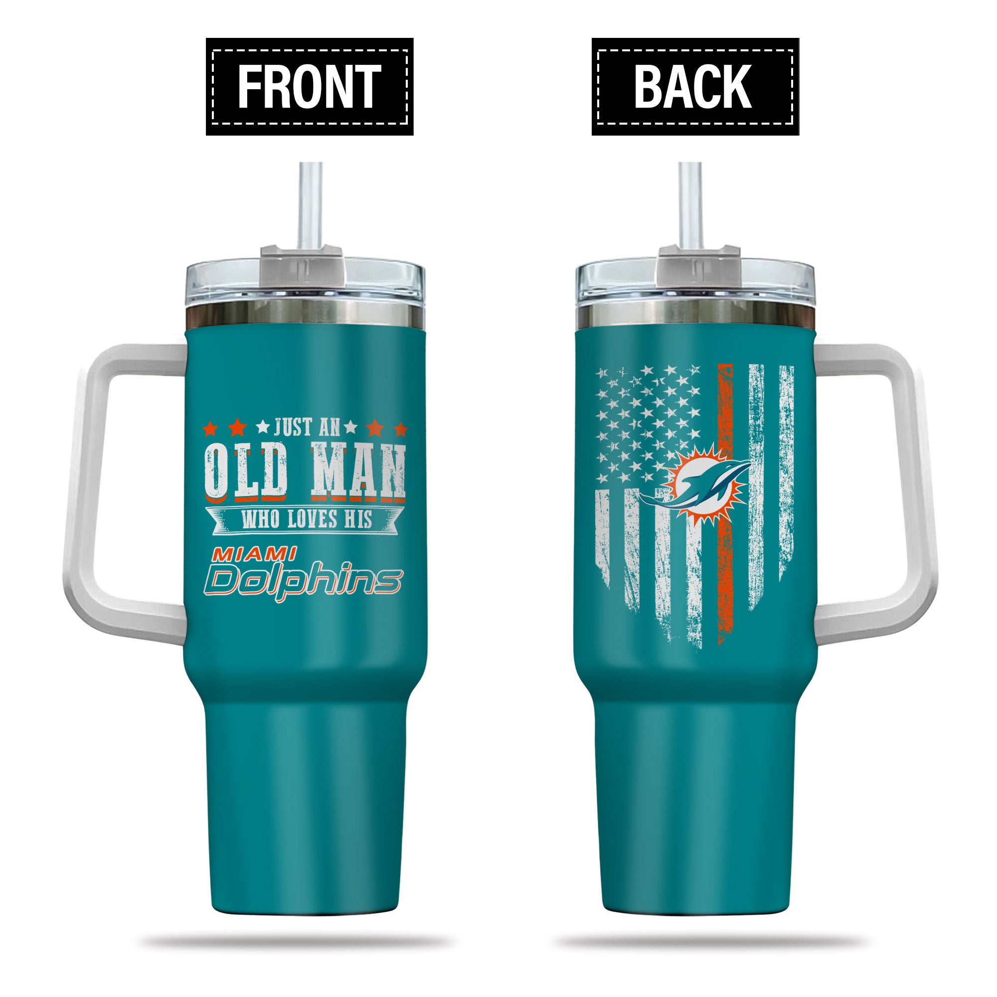 Miami Dolphins NFL Custom Stanley Quencher 40oz Stainless Steel Tumbler With Handle