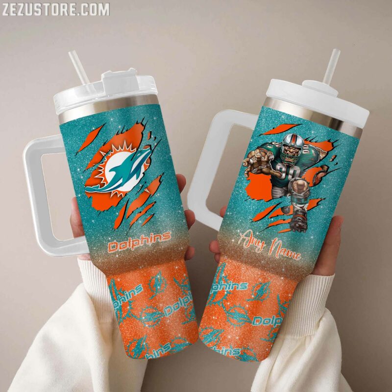 Miami Dolphins NFL Custom Stanley Quencher 40oz Stainless Steel Tumbler With Handle