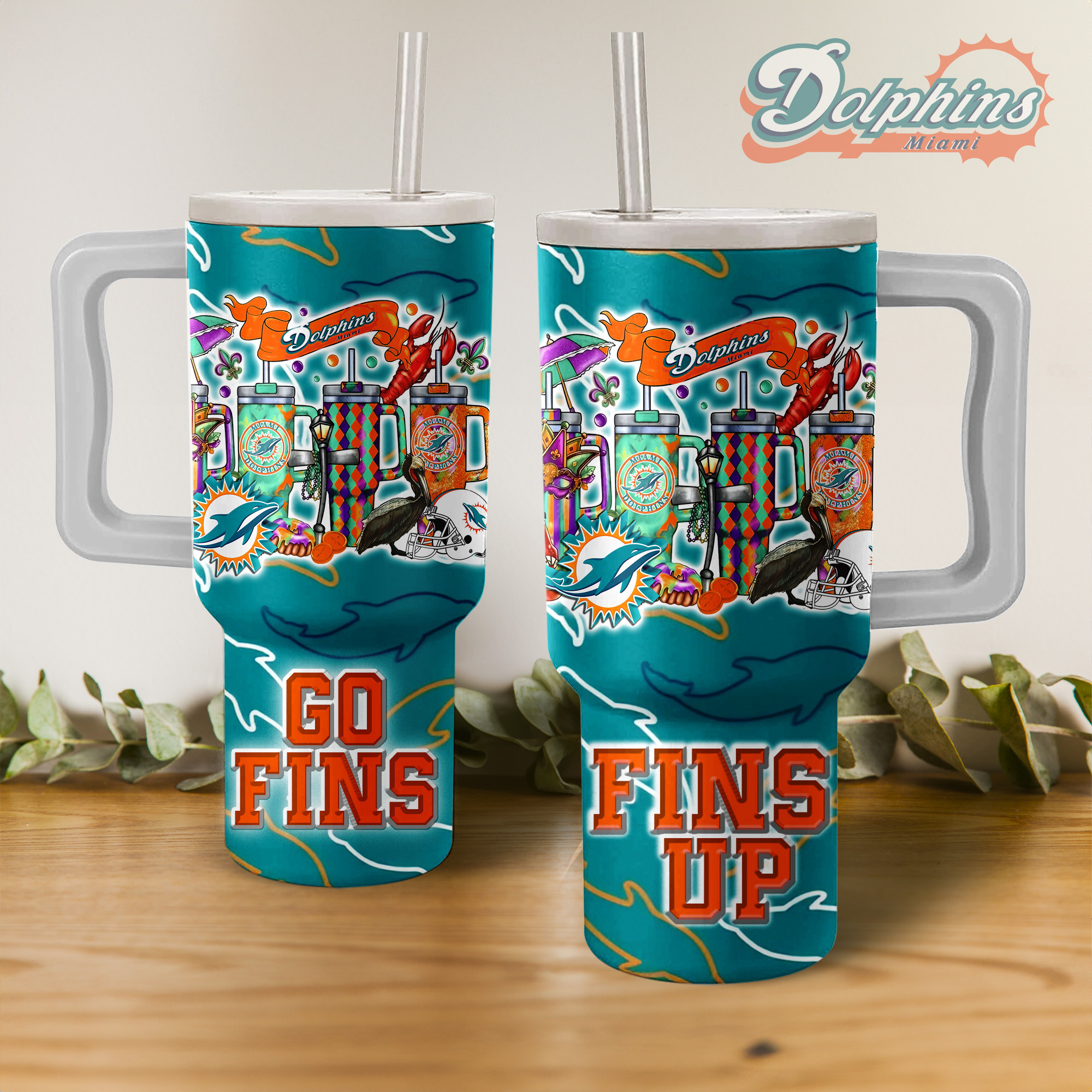Miami Dolphins NFL Custom Stanley Quencher 40oz Stainless Steel Tumbler With Handle