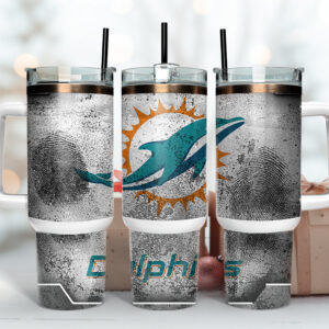 Miami Dolphins NFL Fingerprint Effect Custom Stanley Quencher 40oz Stainless Steel Tumbler With Handle