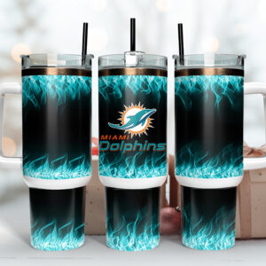 Miami Dolphins NFL Fire Effect Custom Stanley Quencher 40oz Stainless Steel Tumbler With Handle