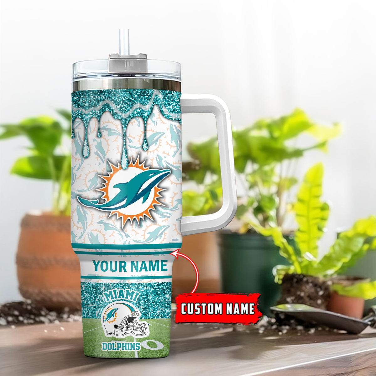 Miami Dolphins NFL Glitter Custom Stanley Quencher 40oz Stainless Steel Tumbler With Handle