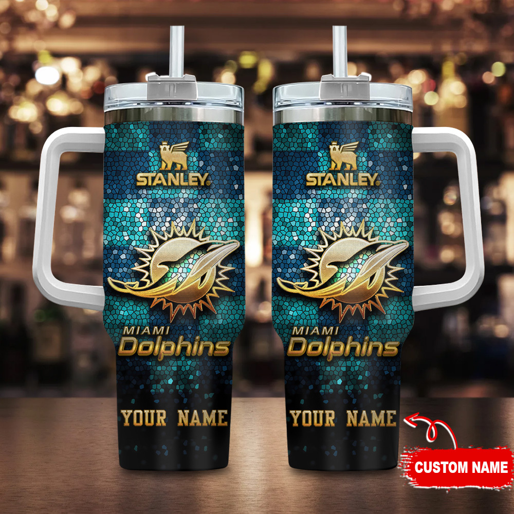 Miami Dolphins NFL Glitter Golden Logo Custom Stanley Quencher 40oz Stainless Steel Tumbler With Handle