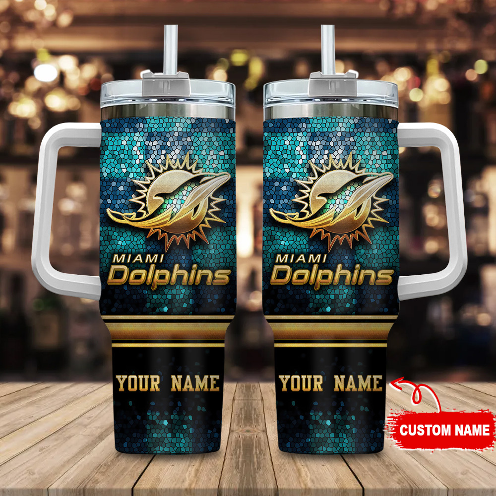 Miami Dolphins NFL Glitter Golden Logo Custom Stanley Quencher 40oz Stainless Steel Tumbler With Handle