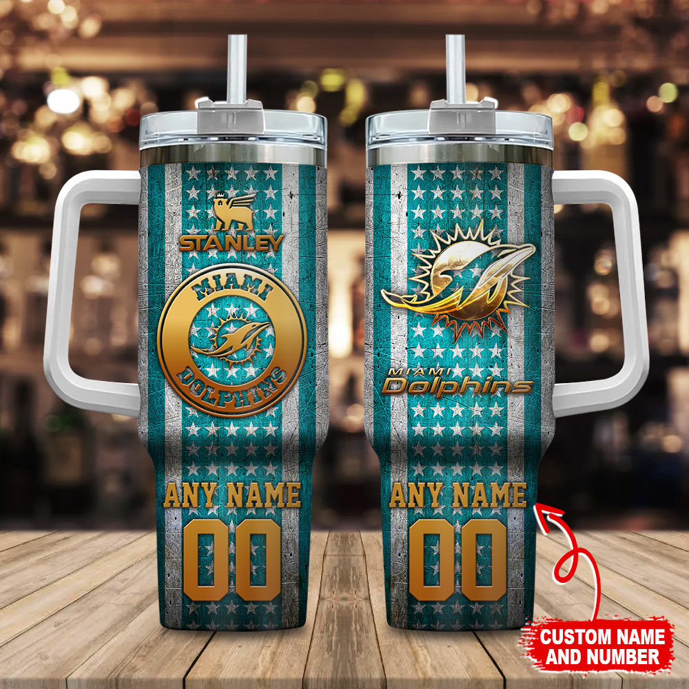 Miami Dolphins NFL Golden Logos US Flag Custom Stanley Quencher 40oz Stainless Steel Tumbler With Handle