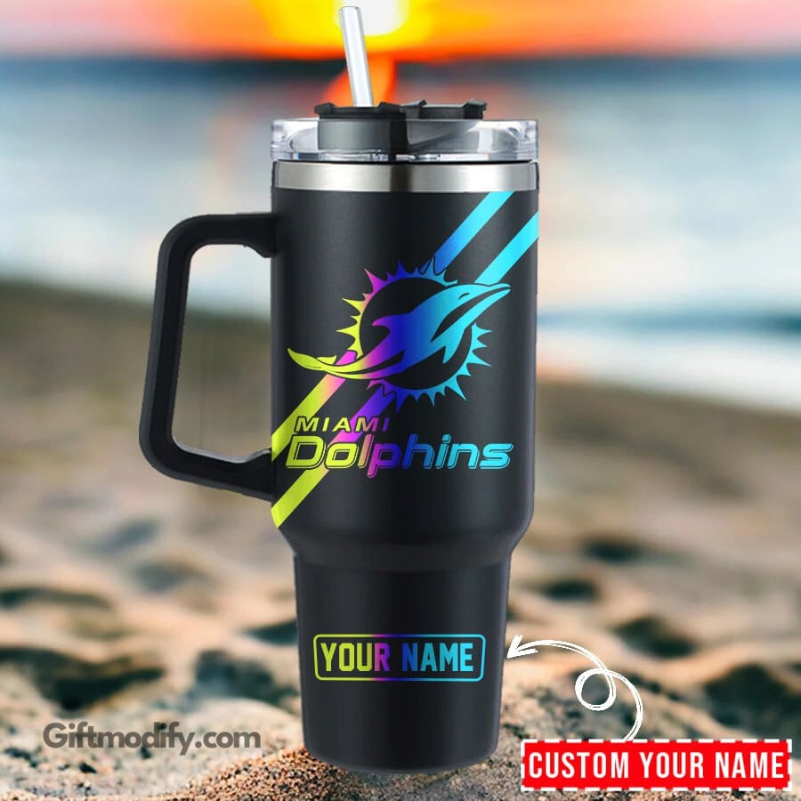Miami Dolphins NFL Hologram Logo Custom Stanley Quencher 40oz Stainless Steel Tumbler With Handle