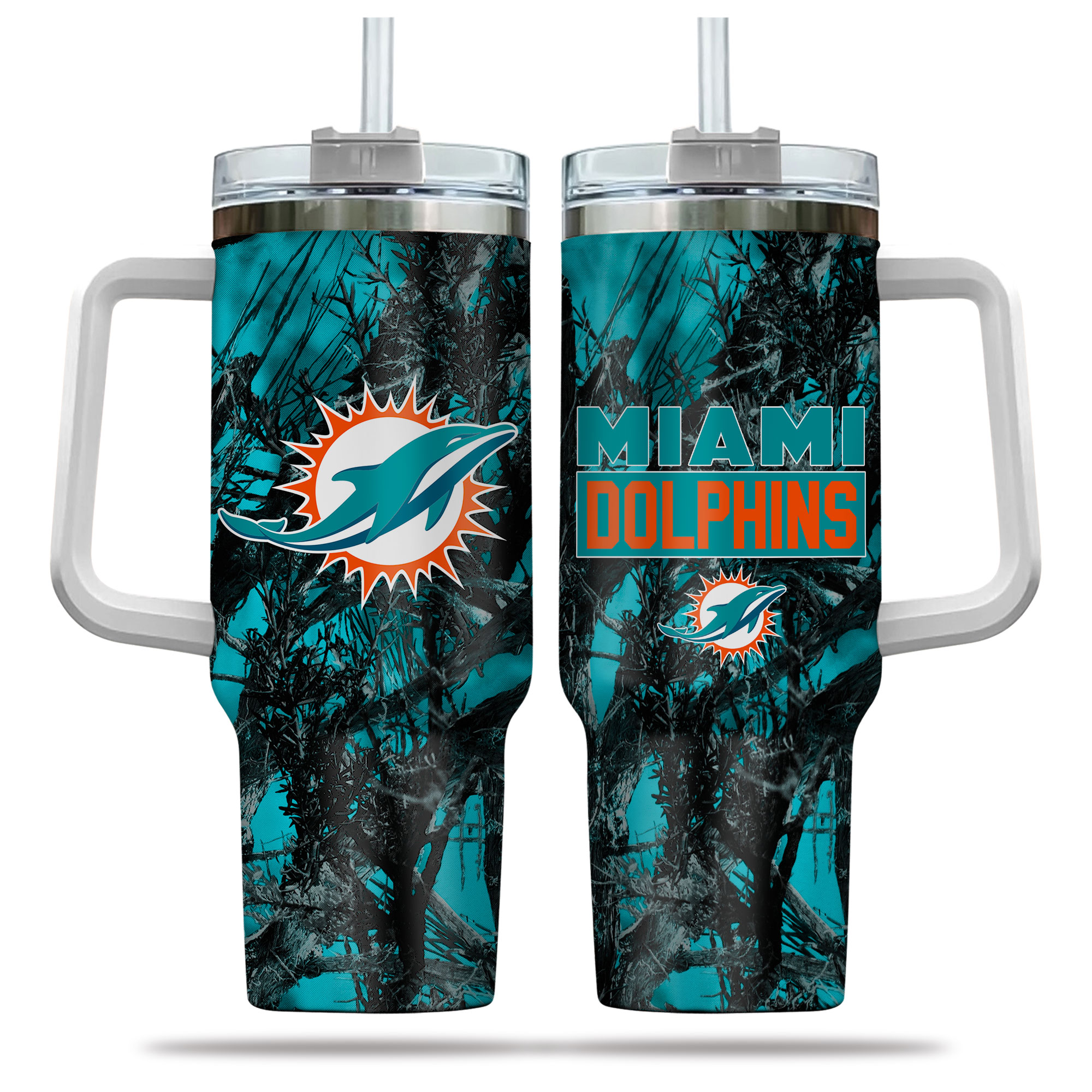 Miami Dolphins NFL Hunting Custom Stanley Quencher 40oz Stainless Steel Tumbler With Handle