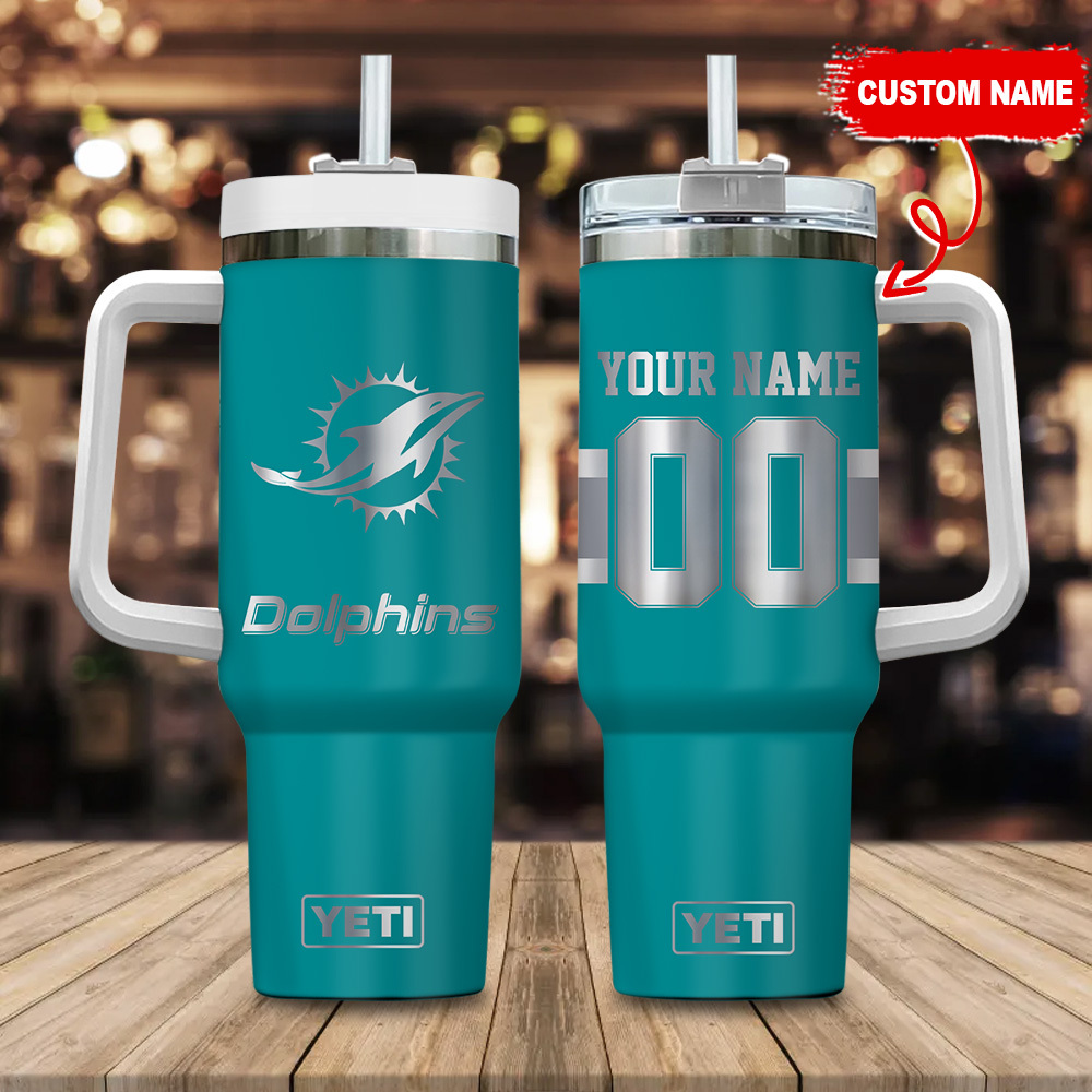 Miami Dolphins NFL Laser Engraved Effect Custom Stanley Quencher 40oz Stainless Steel Tumbler With Handle