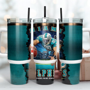 Miami Dolphins NFL Mascot Custom Stanley Quencher 40oz Stainless Steel Tumbler With Handle