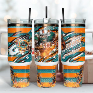 Miami Dolphins NFL Mascot Custom Stanley Quencher 40oz Stainless Steel Tumbler With Handle
