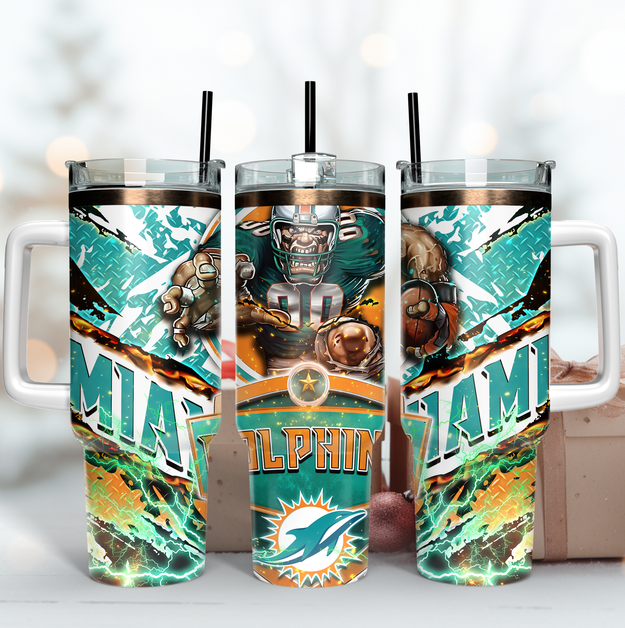 Miami Dolphins NFL Mascot Custom Stanley Quencher 40oz Stainless Steel Tumbler With Handle