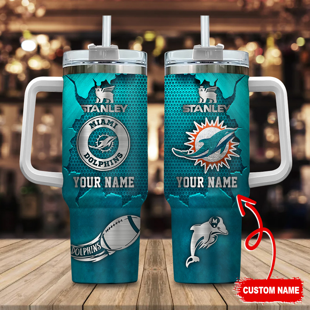 Miami Dolphins NFL Metal Style Custom Stanley Quencher 40oz Stainless Steel Tumbler With Handle