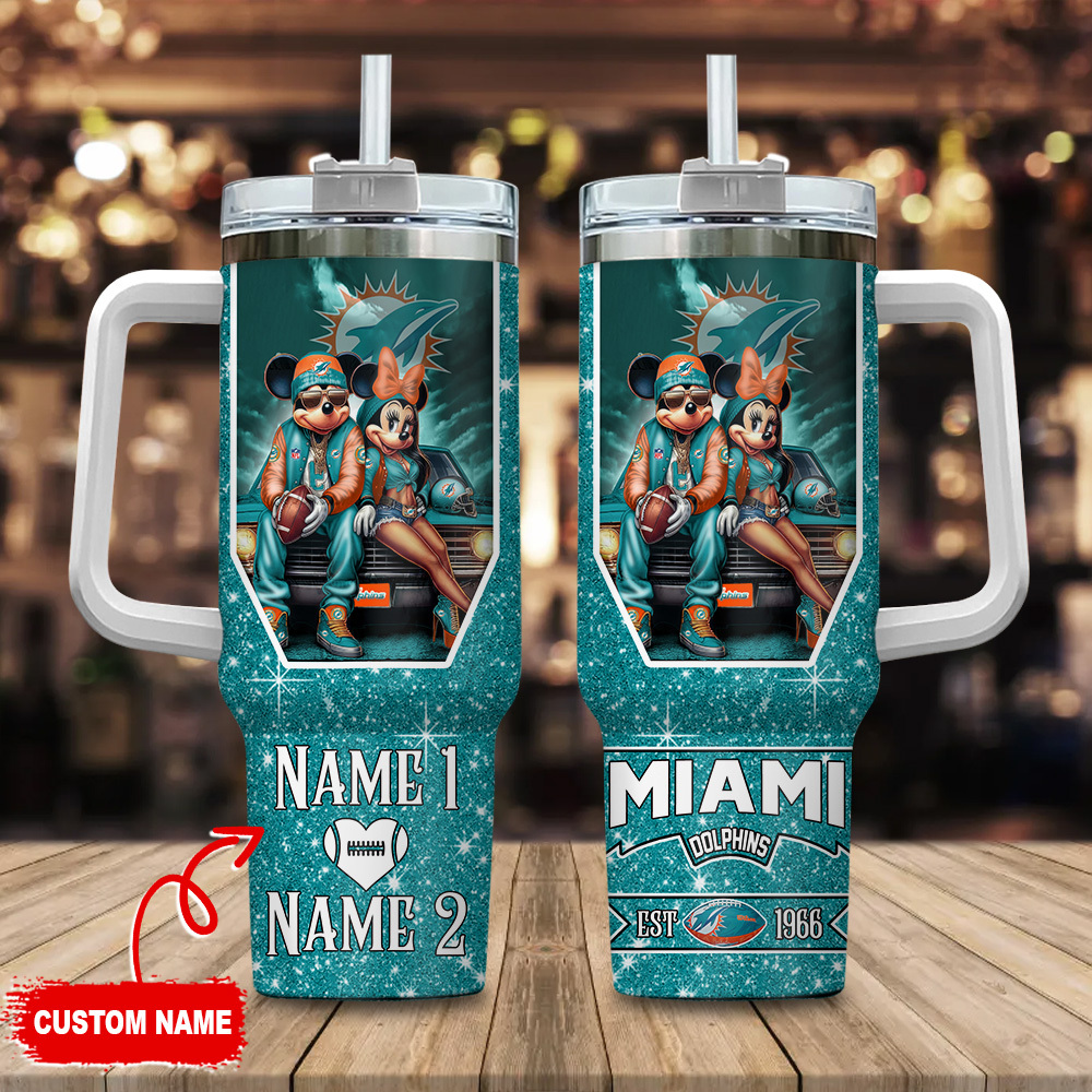 Miami Dolphins NFL Mickey And Minnie Couple Custom Stanley Quencher 40oz Stainless Steel Tumbler With Handle