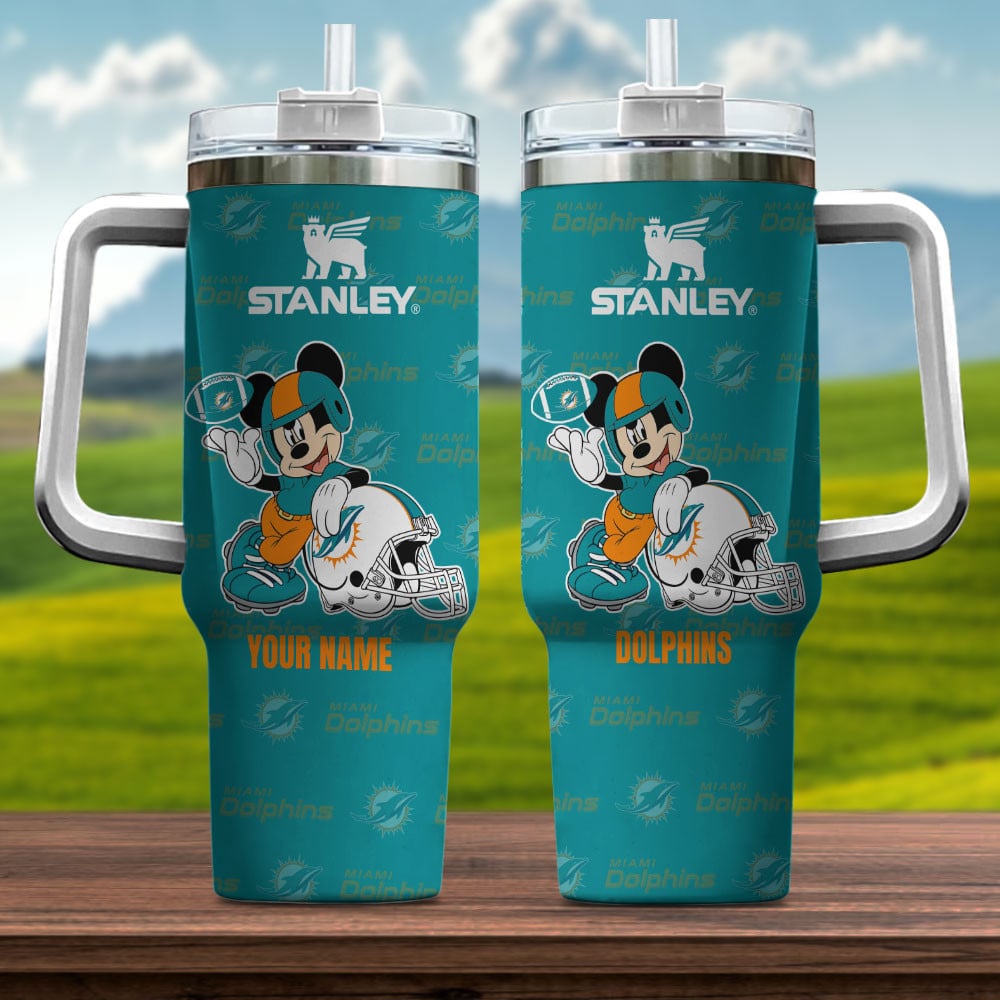 Miami Dolphins NFL Mickey Mouse Custom Stanley Quencher 40oz Stainless Steel Tumbler With Handle