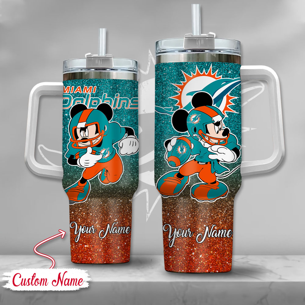 Miami Dolphins NFL Mickey Mouse Glitter Custom Stanley Quencher 40oz Stainless Steel Tumbler With Handle