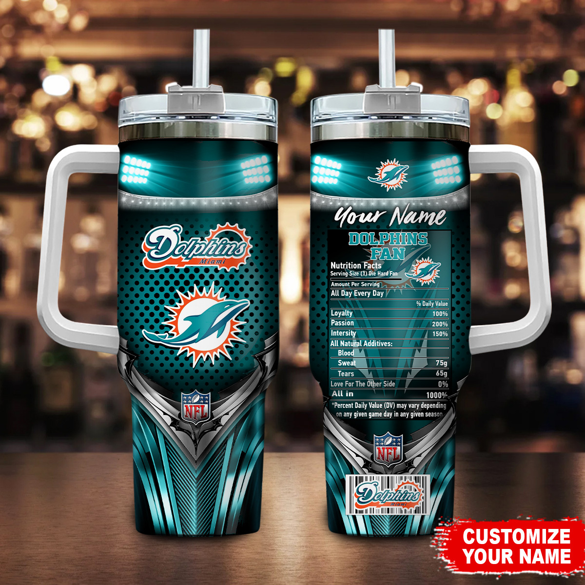 Miami Dolphins NFL Nutrition Facts Custom Stanley Quencher 40oz Stainless Steel Tumbler With Handle