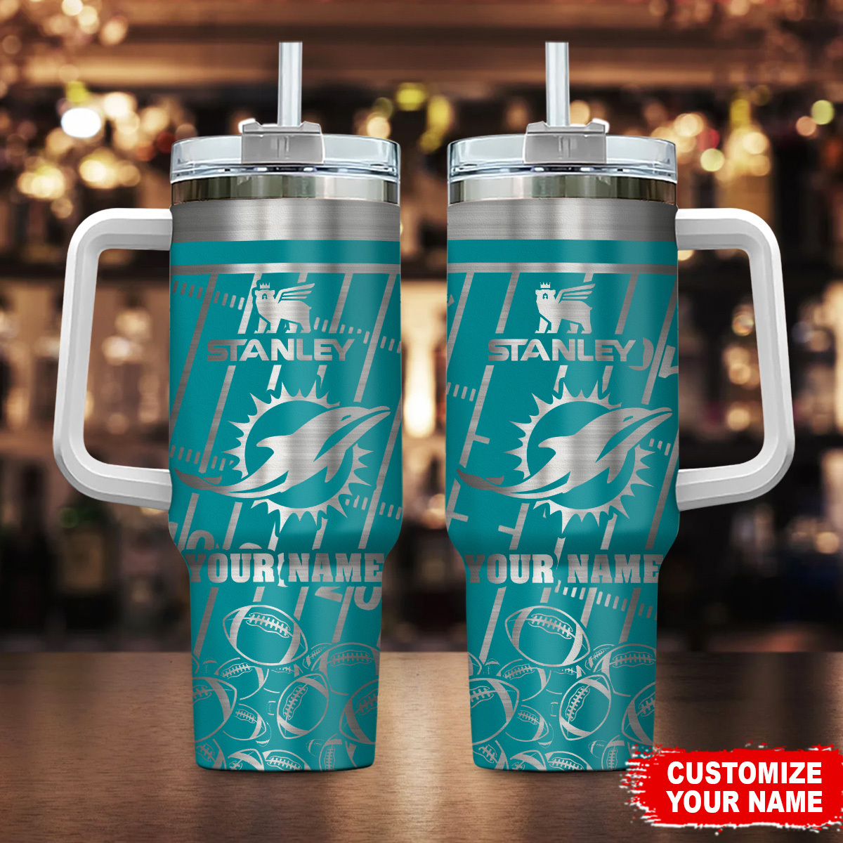 Miami Dolphins NFL Silver Custom Stanley Quencher 40oz Stainless Steel Tumbler With Handle