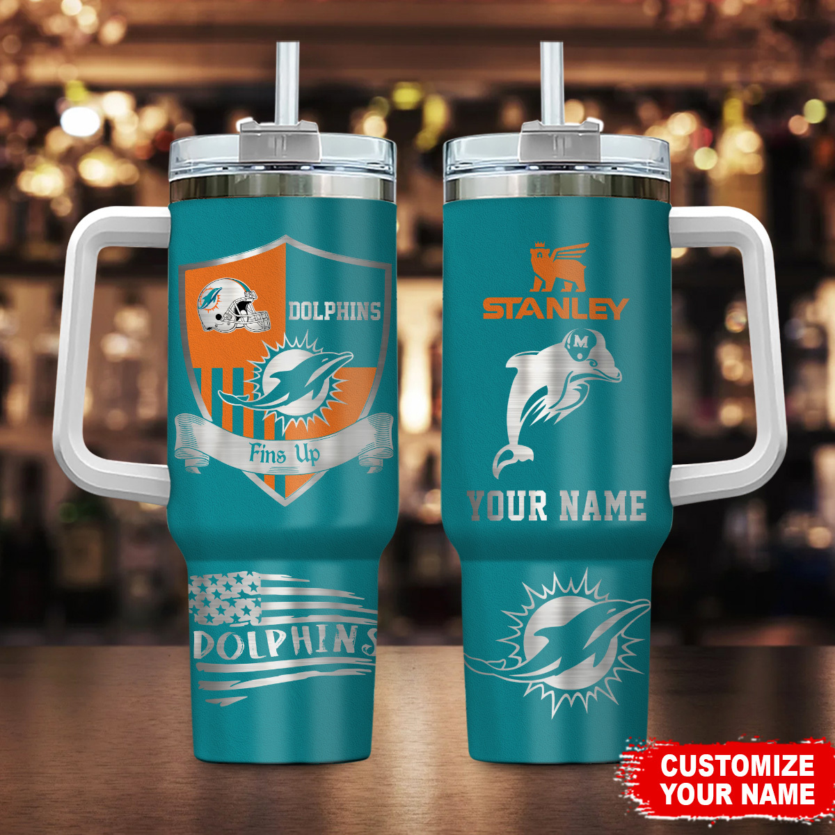 Miami Dolphins NFL Silver Logo Custom Stanley Quencher 40oz Stainless Steel Tumbler With Handle