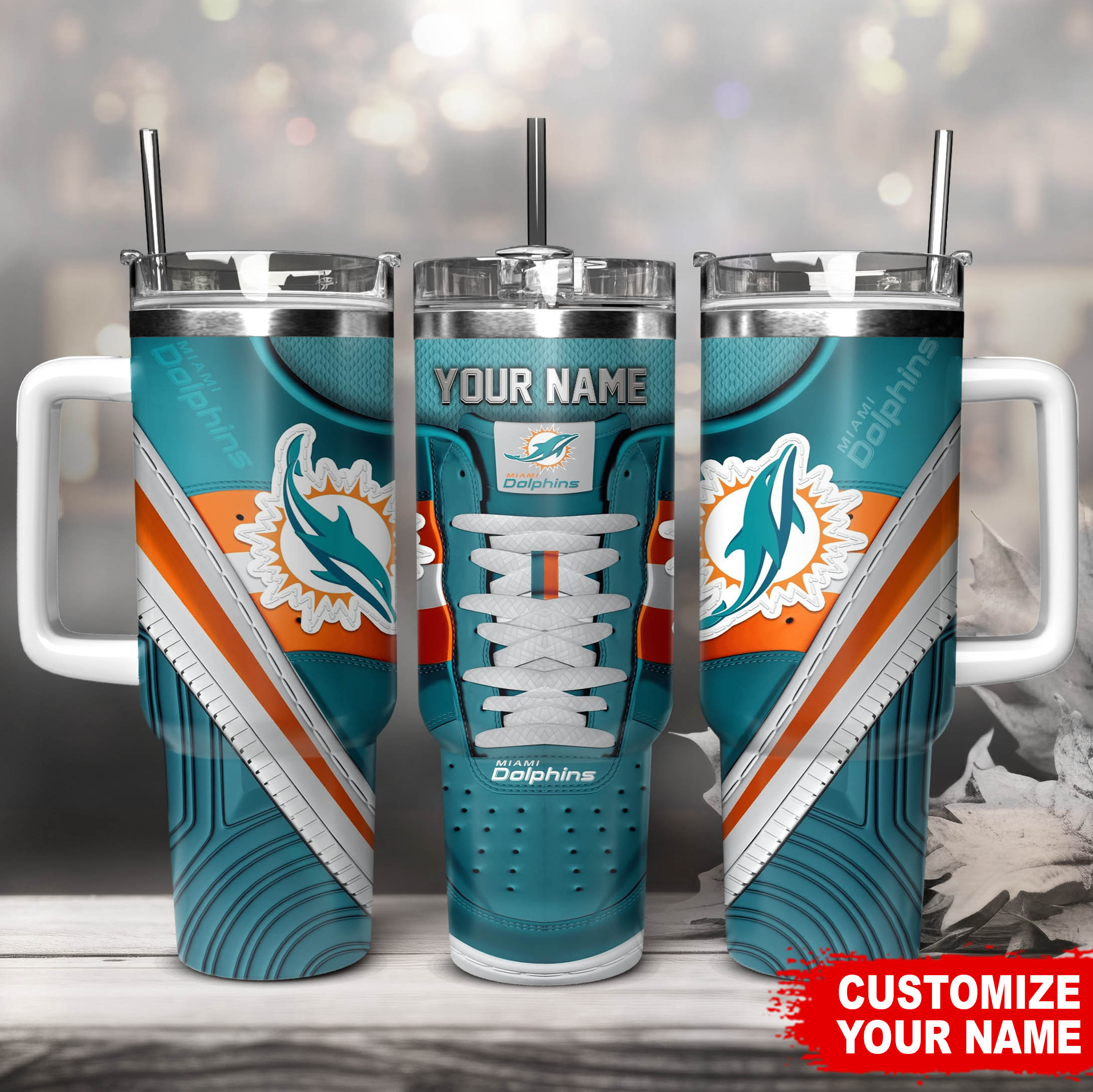 Miami Dolphins NFL Sneaker Custom Stanley Quencher 40oz Stainless Steel Tumbler With Handle