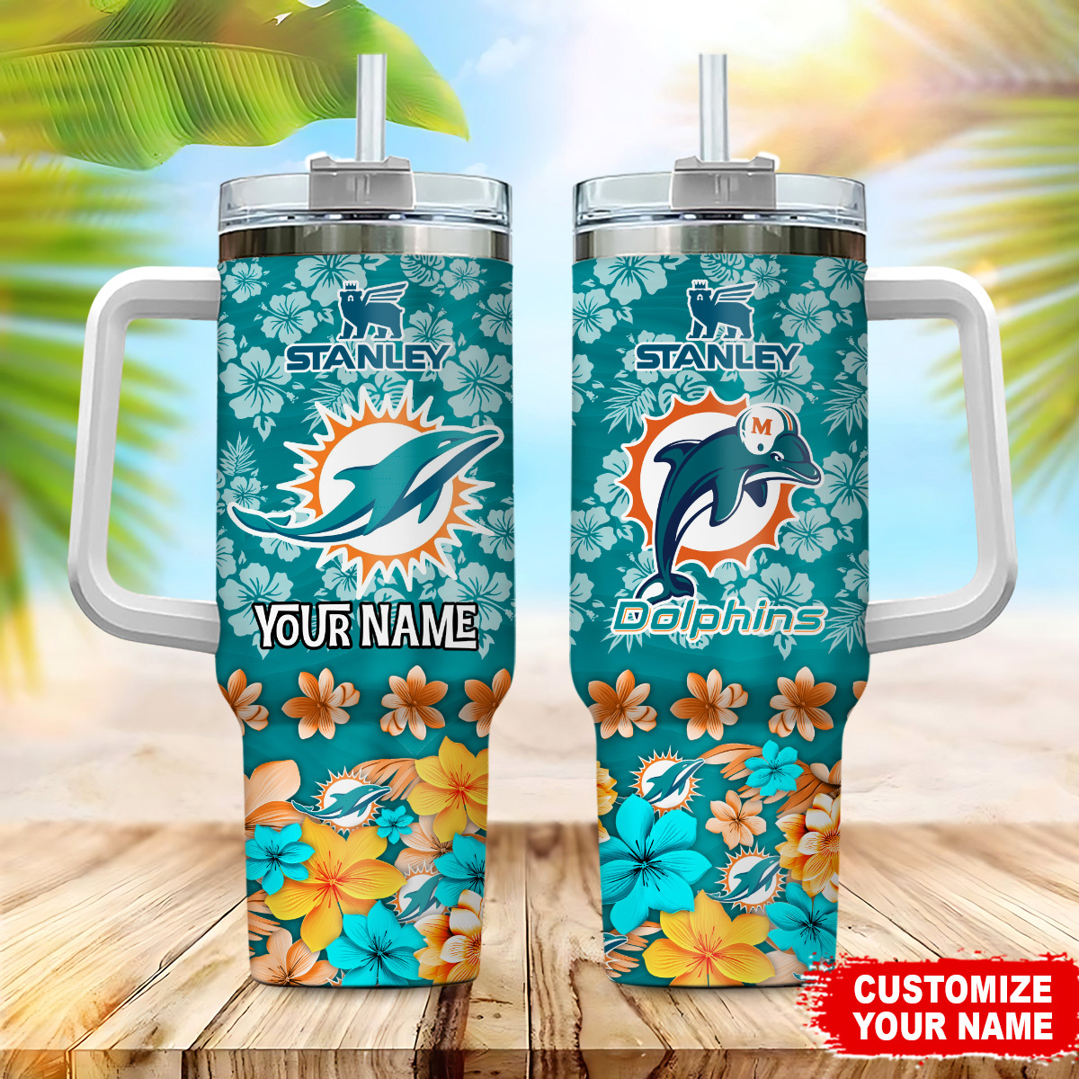 Miami Dolphins NFL Tropical Floral Custom Stanley Quencher 40oz Stainless Steel Tumbler With Handle