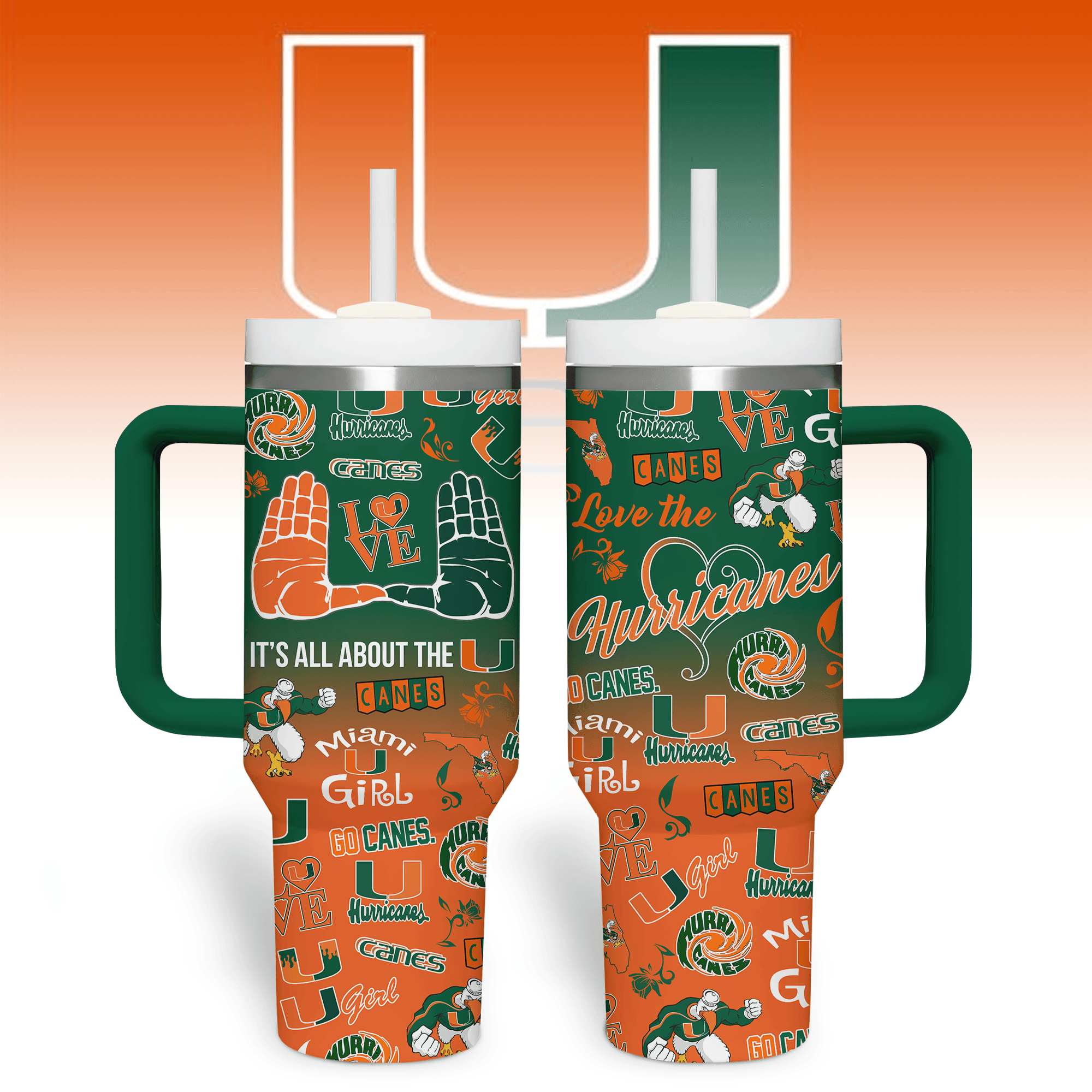 Miami Hurricanes NCAA Custom Stanley Quencher 40oz Stainless Steel Tumbler With Handle