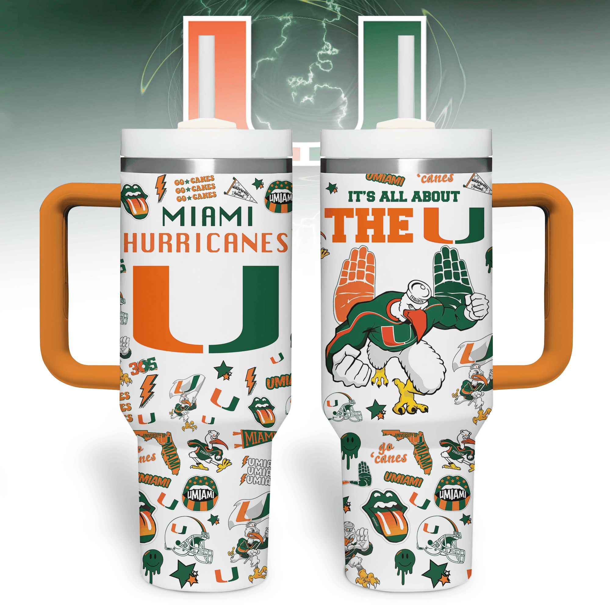 Miami Hurricanes NCAA Custom Stanley Quencher 40oz Stainless Steel Tumbler With Handle