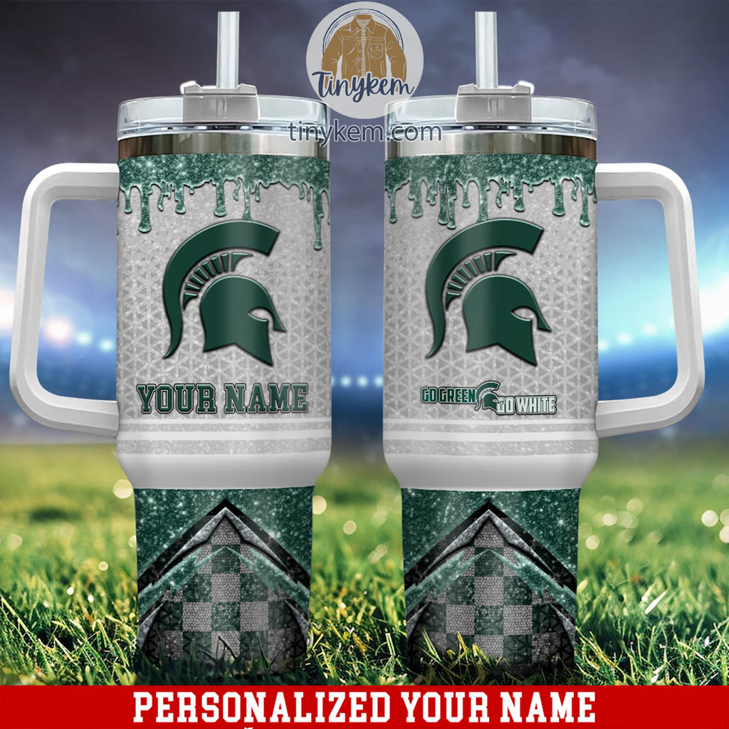 Michigan State Spartans Glitter NCAA Custom Stanley Quencher 40oz Stainless Steel Tumbler With Handle