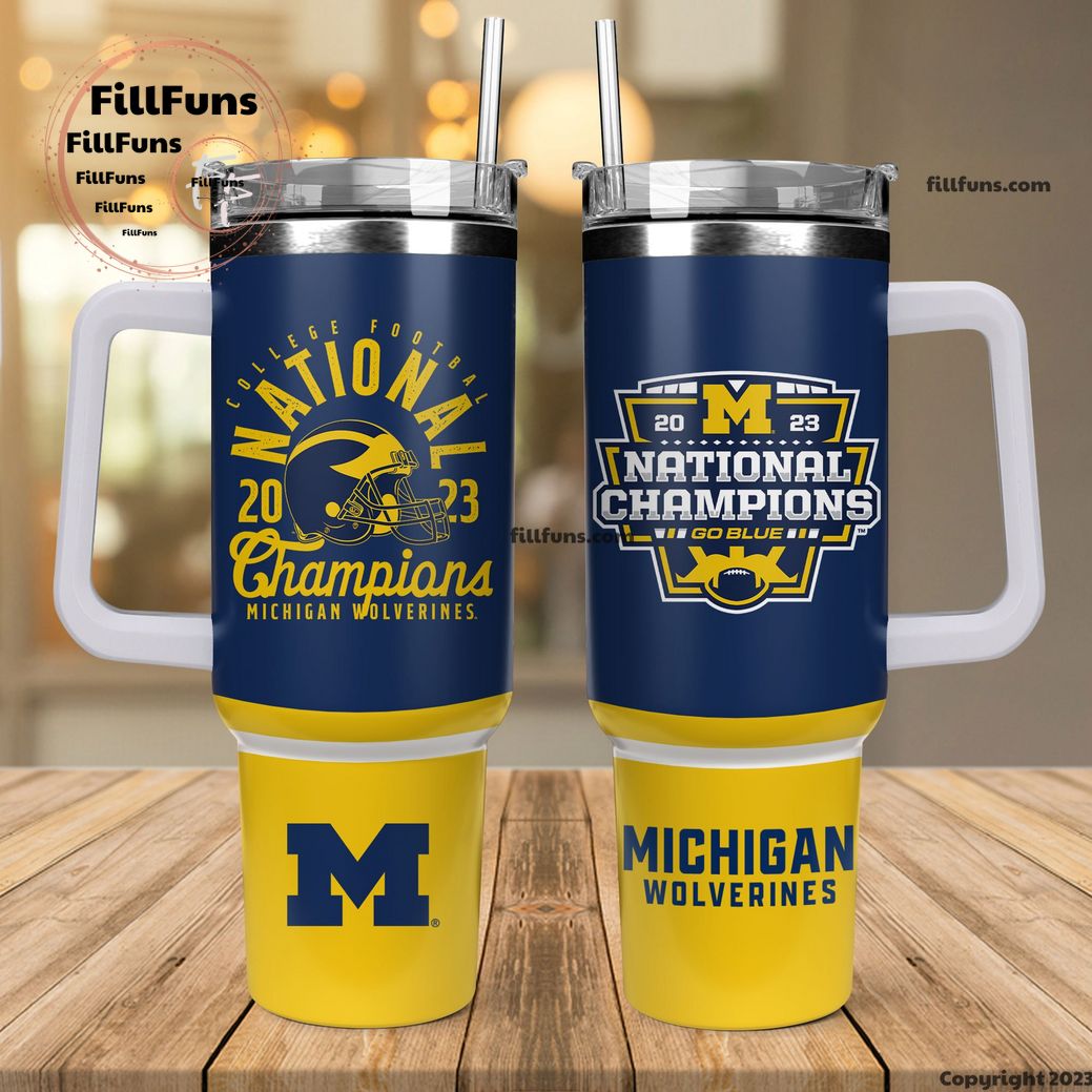Michigan Wolverines 2023 National Champions NCAA Custom Stanley Quencher 40oz Stainless Steel Tumbler With Handle